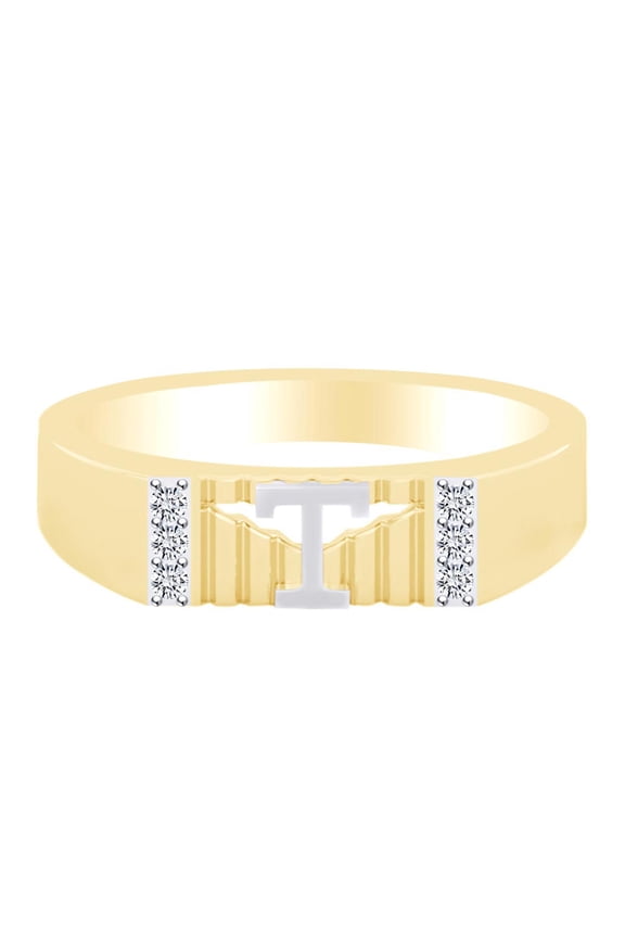 Round White Natural Diamond Accent Initial Letter "T" Two Tone Ring 14k Yellow Gold Over Sterling Silver
