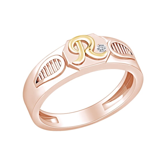 AFFY Round White Natural Diamond Accent Initial "R" Two Tone Ring 14k Solid Rose Gold