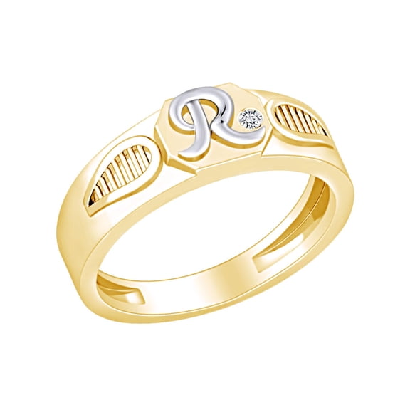 AFFY Round White Natural Diamond Accent Initial "R" Two Tone Ring 14k Solid Yellow Gold