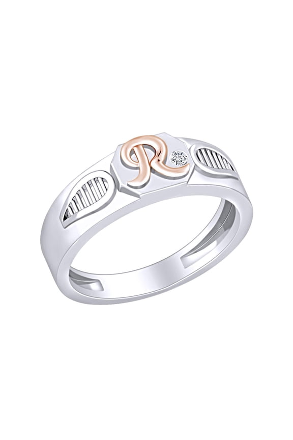 Round White Natural Diamond Accent Initial "R" Two Tone Ring 14k White Gold Over Sterling Silver