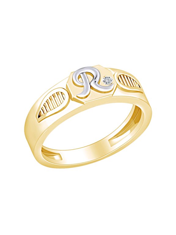 Round White Natural Diamond Accent Initial "R" Two Tone Ring 14k Yellow Gold Over Sterling Silver