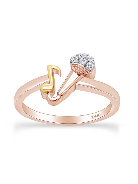 Round White Natural Diamond Accent Mic & Music Note Two Tone Ring 14k Solid Rose Gold, Ring Size-6.5