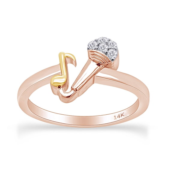 AFFY Round White Natural Diamond Accent Mic & Music Note Two Tone Ring 14k Solid Rose Gold, Ring Size-8
