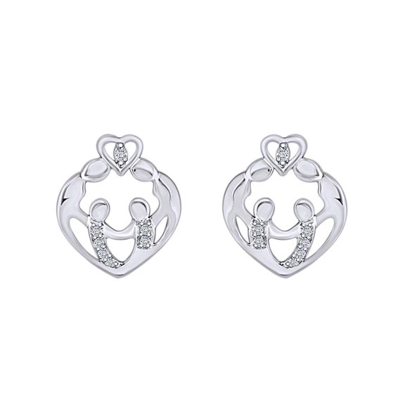 AFFY Round White Natural Diamond Family Heart Earrings In 10K Solid White Gold