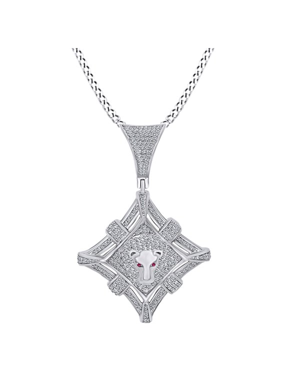 Round White Natural Diamond & Simulated Ruby Lion Head Pendant Necklace 10k Solid White Gold (0.61 Cttw)