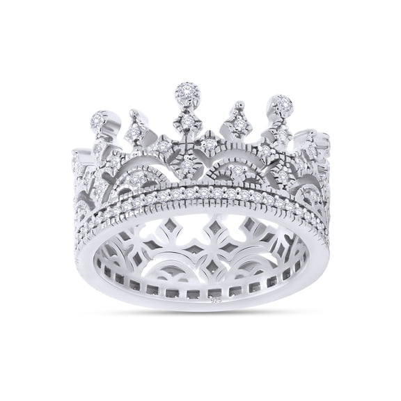 AFFY Royal Style Round Shape White Cubic Zirconia Crown Ring In 14K White Gold Over Sterling Silver
