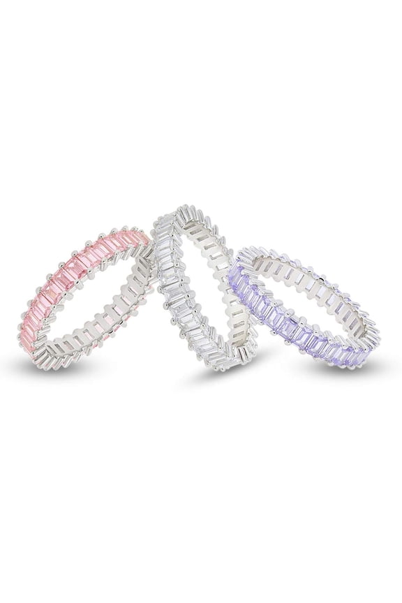 Set of 3 Pastel Rainbow Baguette Band Ring 18K White Gold Plated Anniversary Eternity Band Cubic Zirconia Crystal Wedding Cocktail Fashion Luxury Jewelry for Women-7
