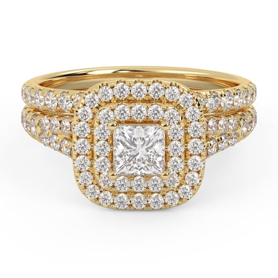 AFFY Shank Double Halo Bridal Set Rings for Women, 1.25 Carat (ctw) Princess And Round Lab Grown Diamond Engagement Wedding Ring 10K Solid Yellow Gold F-G, VS-SI Quality Size-9