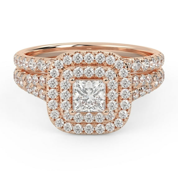 AFFY Shank Double Halo Bridal Set Rings for Women, 1.25 Carat (ctw) Princess And Round Lab Grown Diamond Engagement Wedding Ring 14K Rose Gold Over 925 Sterling Silver F-G-H, SI Quality Size-9.5