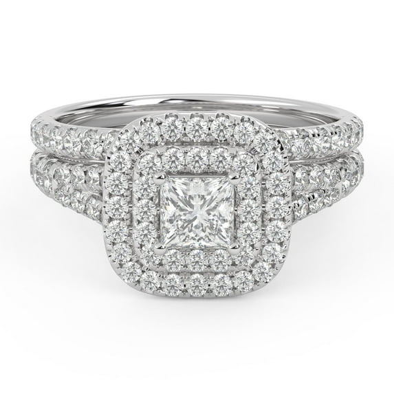 AFFY Shank Double Halo Bridal Set Rings for Women, 1.25 Carat (ctw) Princess And Round Lab Grown Diamond Engagement Wedding Ring 14K White Gold Over 925 Sterling Silver F-G-H, SI Quality Size-6
