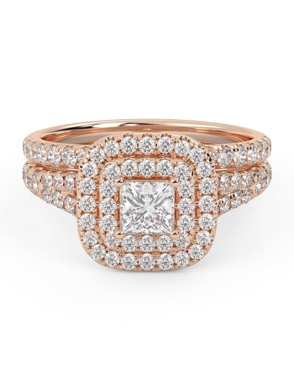 Shank Double Halo Bridal Set Rings for Women, Center 4mm Princess and Round Lab Created Moissanite Engagement Wedding Ring in 14K Rose Gold Over Sterling Silver Size-8