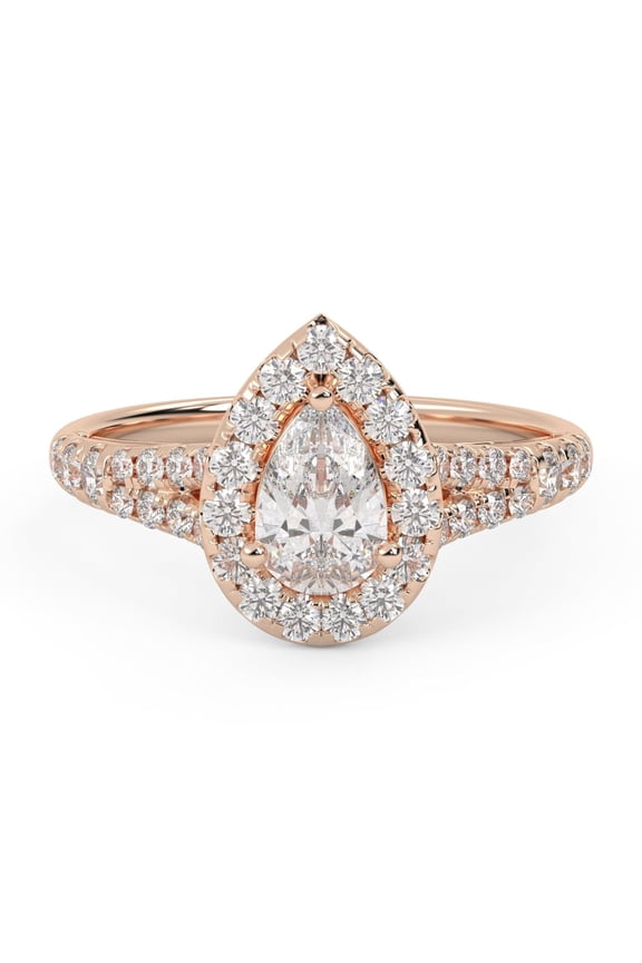 Shank Halo Solitaire Engagement Rings for Women, Center 6x4.5mm Pear and Round cut Lab Created Moissanite Ring In 10K Solid Rose Gold Size-10