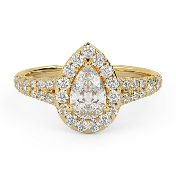 AFFY Shank Halo Solitaire Engagement Rings for Women, Center 6x4.5mm Pear and Round cut Lab Created Moissanite Ring In 10K Solid Yellow Gold Size-7