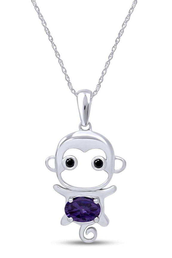 Simulated Alexandrite Cute Monkey Animal Cartoon Pendant Necklace in 14K White Gold Plated 925 Sterling Silver with 18 Inch Rope Chain