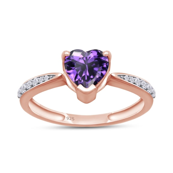 AFFY Simulated Amethyst & White Cubic Zirconia Solitaire Heart Promise Ring 14K Rose Gold Over Sterling Silver Gift For Her Ring Size-5