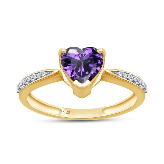 AFFY Simulated Amethyst & White Cubic Zirconia Solitaire Heart Promise Ring 14K Yellow Gold Over Sterling Silver Gift For Her Ring Size-5.5