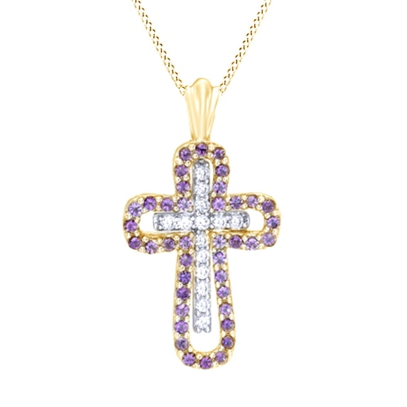 AFFY Simulated Amethyst & White Topaz CZ Interchangeable Double Cross Pendant In 14K Gold Over Sterling Silver