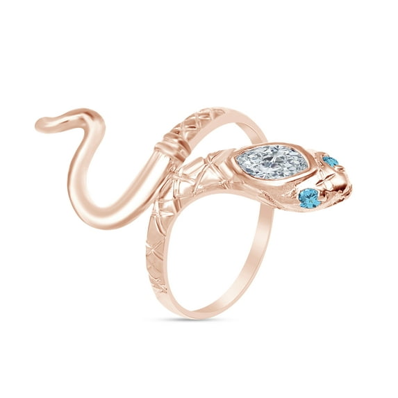 AFFY Simulated Aquamarine & CZ Snake Womens Band Ring 14k Rose Gold Over 925 Sterling Silver