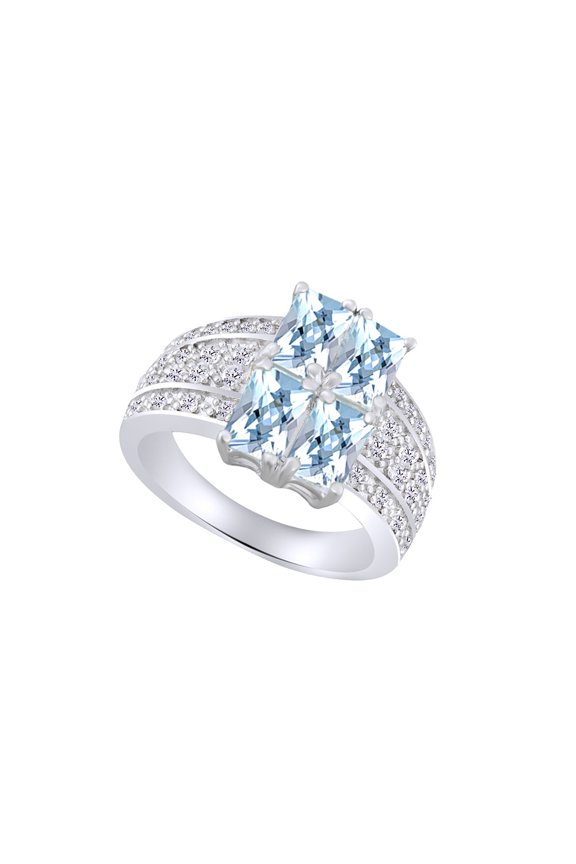 Simulated Aquamarine CZ & White Cubic Zirconia Four Stone Ring In 14k White Gold Over Sterling Silver(1.8 Cttw) By