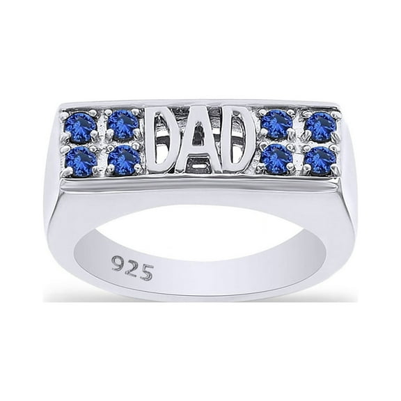 AFFY Simulated Blue Sapphire Men's "DAD" Ring in 14k White Gold Over Sterling Silver (0.55 Ct) Ring Size - 4