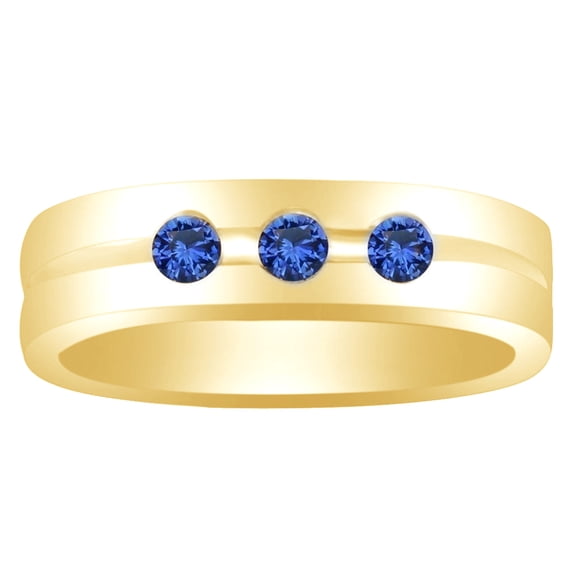 AFFY Simulated Blue Sapphire Three Stone Men's Ring in 14k Yellow Gold Over Sterling Silver (0.33 Cttw) Size Ring - 6.5