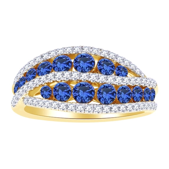 AFFY Simulated Blue Sapphire & White Natural Diamond Two Row Wedding Ring In 14k Solid Yellow Gold (1.60 cttw) Ring Size-13