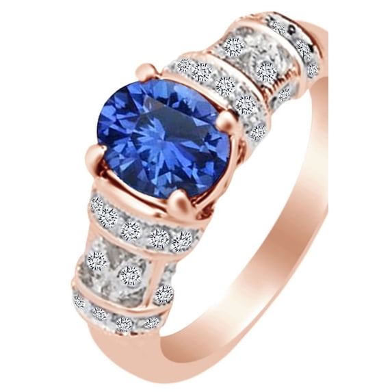 AFFY Simulated Blue Sapphire & White Simulated Diamond Engagement Ring 14k Rose Gold over Silver-10.5