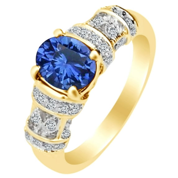 AFFY Simulated Blue Sapphire & White Simulated Diamond Engagement Ring 14k Yellow Gold over Silver-13