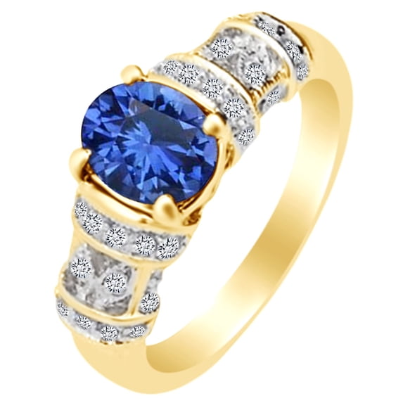 AFFY Simulated Blue Sapphire & White Simulated Diamond Engagement Ring 14k Yellow Gold over Silver-8