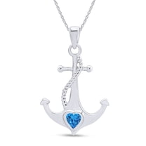 AFFY Simulated Blue Topaz Anchor Heart Pendant Necklace in 14k White Gold Over Sterling Silver