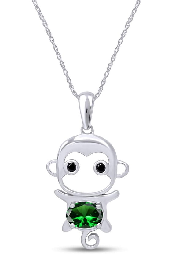 Simulated Emerald Cute Monkey Animal Cartoon Pendant Necklace in 14K White Gold Plated 925 Sterling Silver with 18 Inch Rope Chain