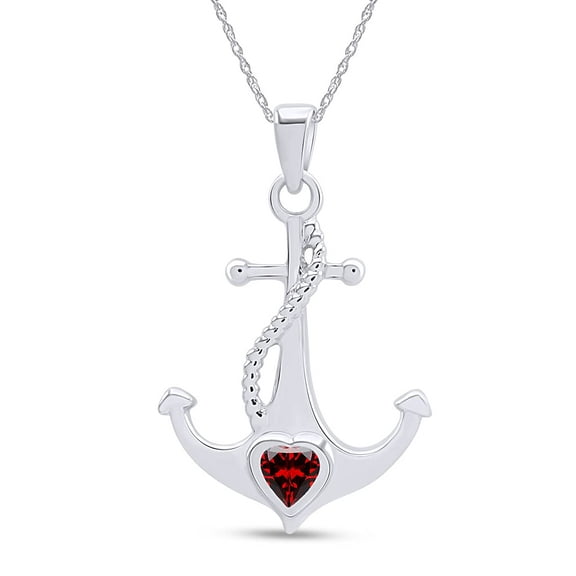 AFFY Simulated Garnet Anchor Heart Pendant Necklace in 14k White Gold Over Sterling Silver