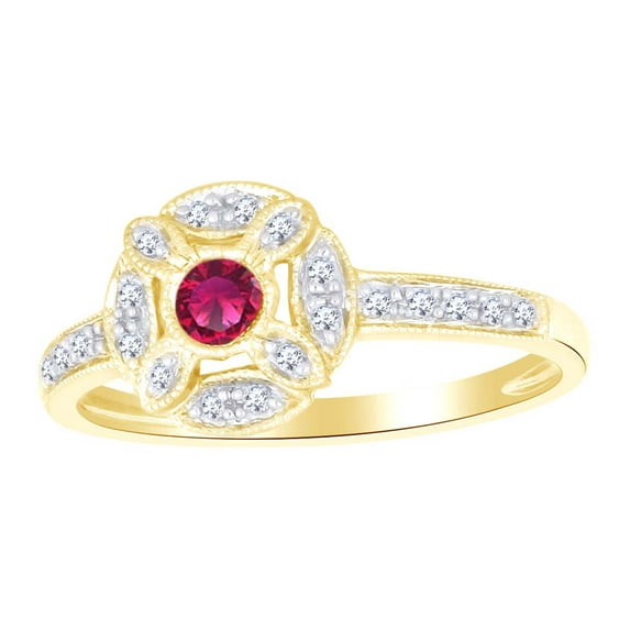AFFY Simulated Ruby & White Natural Diamond Antique Flower Ring In 14k Solid Yellow Gold (0.28 cttw) Ring Size-11