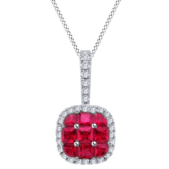 AFFY Simulated Ruby & White Natural Diamond Cushion Frame Pendant Necklace In 14k Solid White Gold