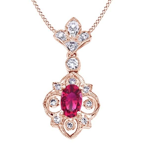 AFFY Simulated Ruby & White Natural Diamond Filigree Pendant Necklace In 14k Solid Rose Gold (0.31 Cttw)