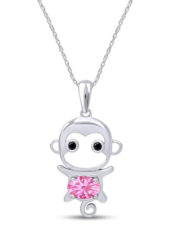 Simulated Tourmaline Cute Moneky Animal Cartoon Pendant Necklace in 14K White Gold Plated 925 Sterling Silver with 18 Inch Rope Chain
