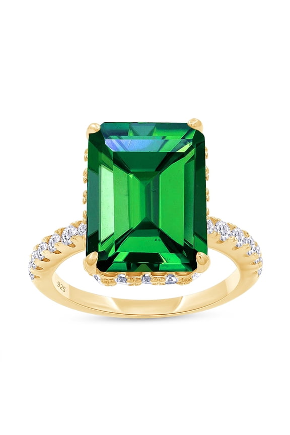 Solitaire Engagement Ring, 10X14MM Emerald Shape Zambian Emerald Lab Grown Gemstone & Created Moissanite Wedding Promise Ring In 14K Yellow Gold Over Sterling Silver (6.40 Cttw), Size-6