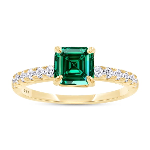 AFFY Solitaire Engagement Ring, 6X6MM Asscher Shape Zambian Emerald Lab Grown Gemstone & Created Moissanite Wedding Promise Ring In 14K Yellow Gold Over Sterling Silver (1.15 Cttw)-8.5