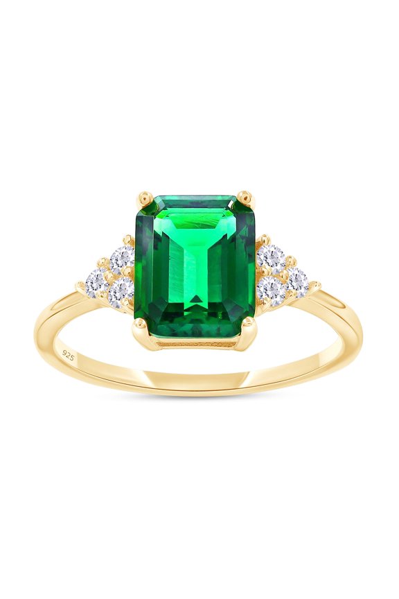 Solitaire Engagement Ring, 7X9MM Radiant Shape Zambian Emerald Lab Grown Gemstone & Round Moissanite Wedding Ring for Her In 14K Yellow Gold Over Sterling Silver (2.15 Cttw), Size-7