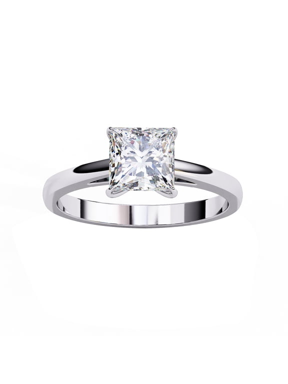 Solitaire Engagement Ring for Women, 1.00 Carat (ctw) Princess Cut Lab Grown Diamond Ring in 14K White Gold Plated 925 Sterling Silver Jewelry Gift for Her FGH, SI Quality Size-4