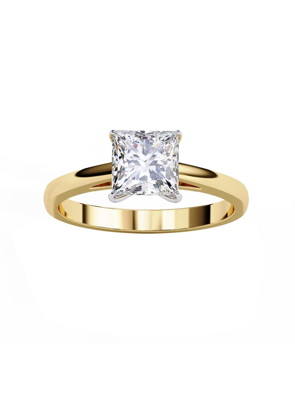 Solitaire Engagement Ring for Women, 1.00 Carat (ctw) Princess Cut Lab Grown Diamond Ring in 14K Yellow Gold Plated 925 Sterling Silver Jewelry Gift for Her FGH, SI Quality Size-8.5