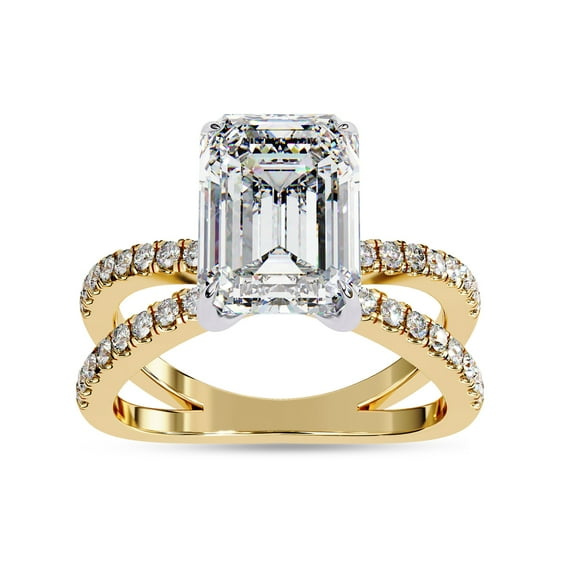 AFFY Solitaire Engagement Ring for Women | Center 9x7mm Emerald Cut Lab Created Moissanite Criss Cross Promise Rings in 14K Yellow Gold Over Sterling Silver Jewelry Gift for Her, Ring Size 4