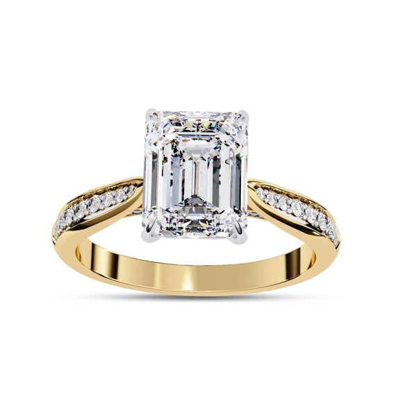 AFFY Solitaire Engagement Wedding Ring for Women Center 9X7MM Emerald and Round Lab Created Moissanite Rings Jewelry Gift for Her In 14K Solid Yellow Gold Size 9