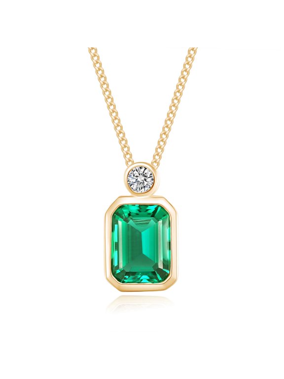 Solitaire Pendant Necklace for Women, 7X9MM Zambian Emerald Lab Grown Gemstone & Created Moissanite Pendant 14K Yellow Gold Over Sterling Silver 16" Cable Chain With 2" Extension (2.15 Cttw)