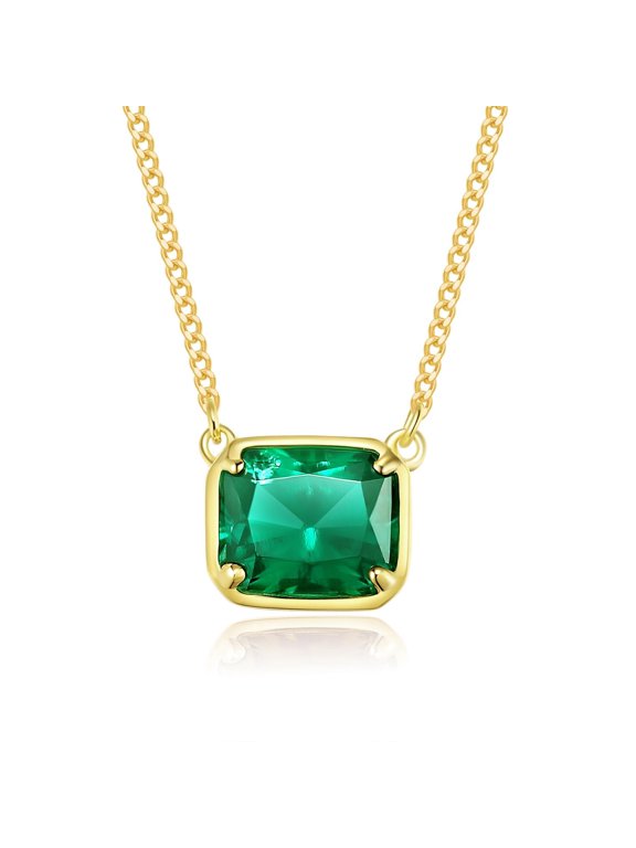Solitaire Pendant Necklace for Women, 8X10MM Cushion Shape Zambian Emerald Lab Grown Gemstone Pendant Necklace In 14K White Gold Over Sterling Silver 16" Cable Chain With 2" Extension(2.5 Cttw)