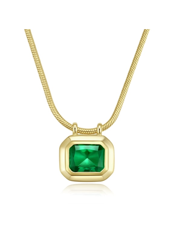 Solitaire Pendant Necklace for Women, 8X10MM Radiant Shape Zambian Emerald Lab Grown Gemstone Pendant for Her 14K Yellow Gold Over Sterling Silver, 16" Snake Chain With 2" Extension (2.5 Cttw)