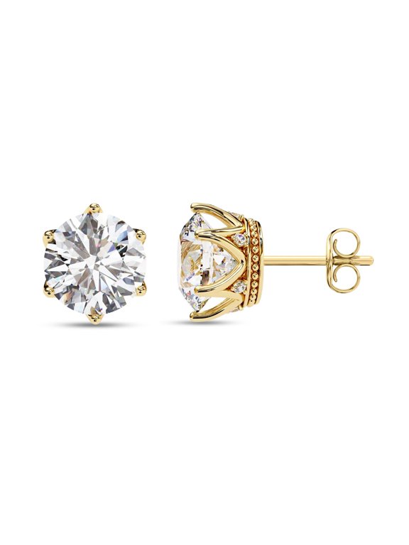 Solitaire Stud Earrings for Women 7MM Round Cut Lab Created Moissanite 6-Prong Crown Stud Earring in 14K Yellow Gold Plated 925 Sterling Silver Jewelry Gift for Her