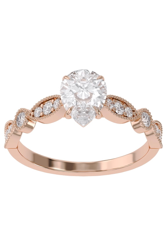 Solitaire Wedding Engagement Ring for Women, Center 8x6mm Pear Cut Lab Created Moissanite Beaded Stackable Band Promise Rings in 10K Solid Rose Gold Jewelry, Ring Size 6