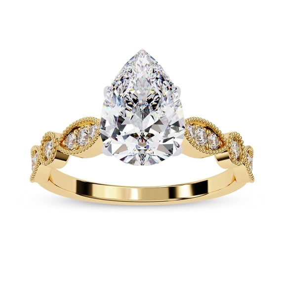AFFY Solitaire Wedding Engagement Ring for Women, Center 8x6mm Pear Cut Lab Created Moissanite Beaded Stackable Band Promise Rings in 10K Solid Yellow Gold Jewelry Gift for Her, Ring 8.5