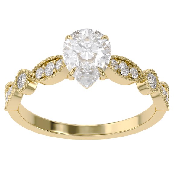 AFFY Solitaire Wedding Engagement Ring for Women, Center 8x6mm Pear Cut Lab Created Moissanite Beaded Stackable Band Promise Rings in 14K Yellow Gold Over Sterling Silver Jewelry, Ring Size 8.5